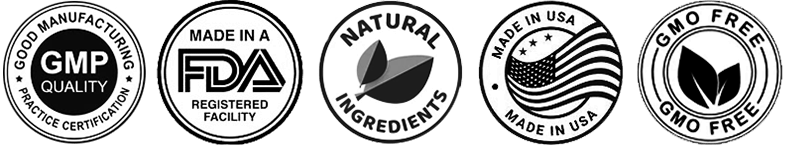 GMP, FDA registered facility, natural ingredients, made in USA, GMO free icons